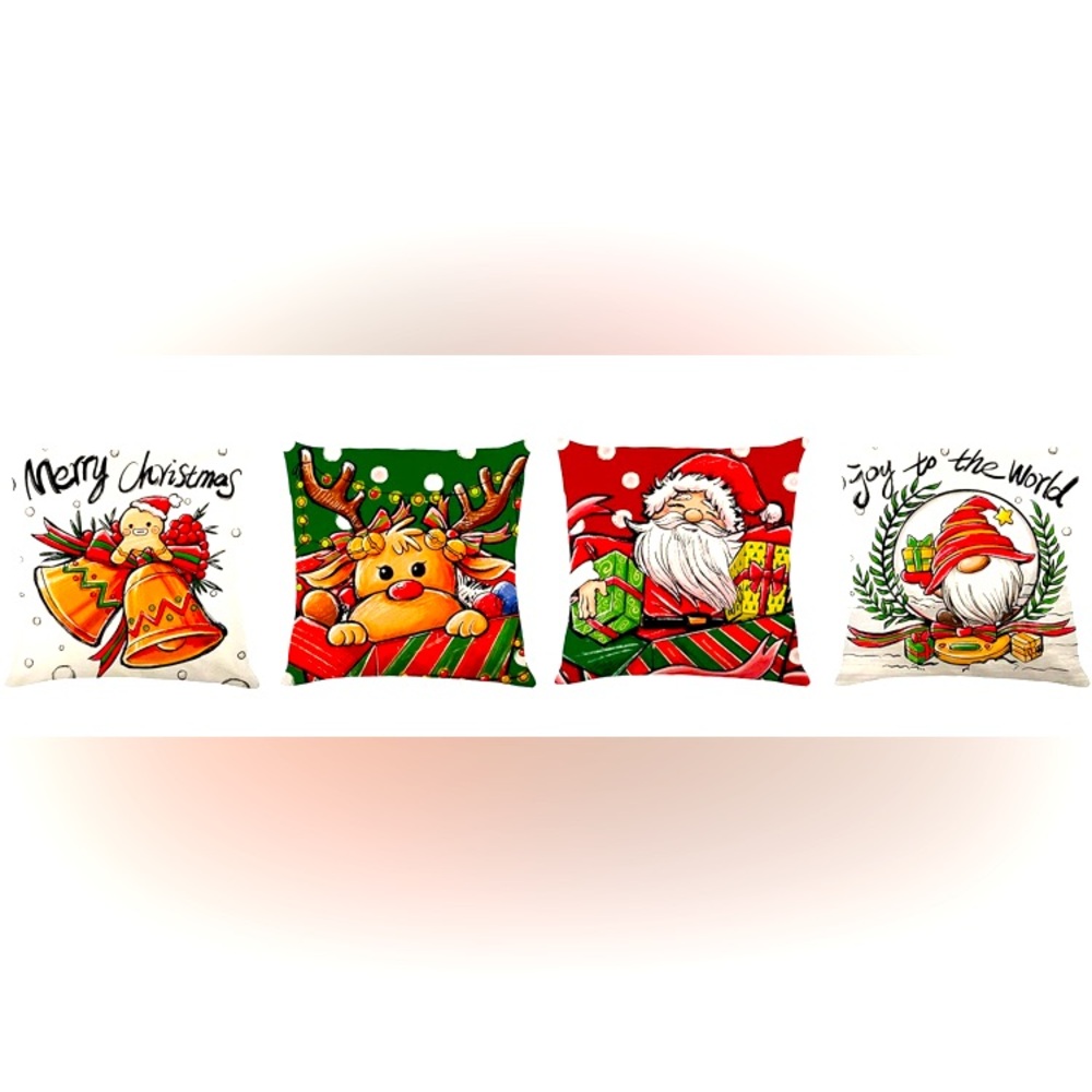 Festive Holiday Pillow Covers Set with Santa, Reindeer, Gnome, & Gingerbread Man